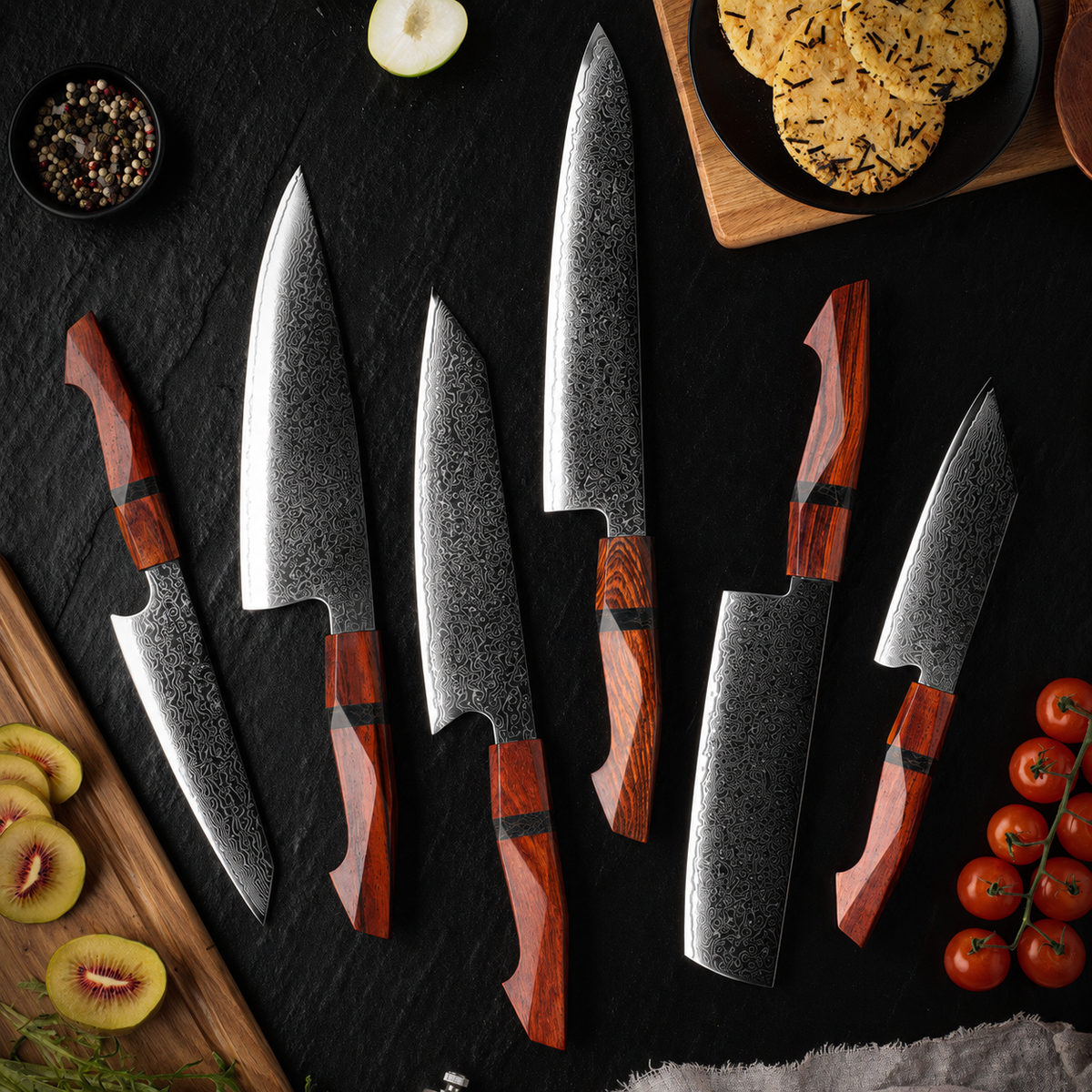 VEYUNA Damascus Knife Set – 6-Piece High-Carbon Steel Food Prep Knives, Razor Sharp