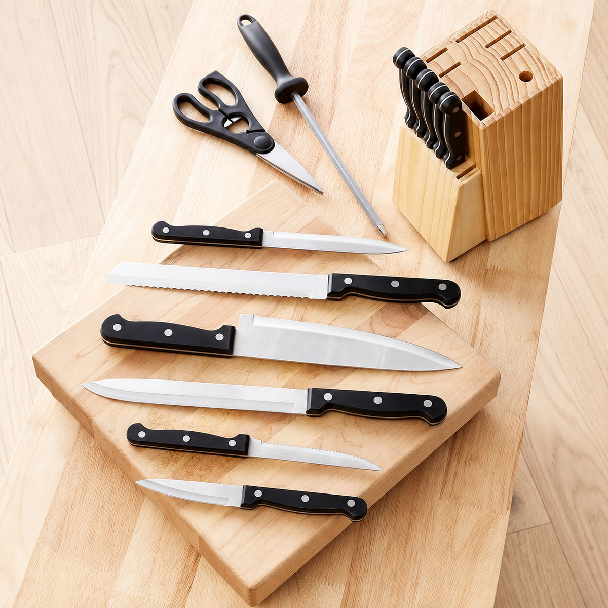VEYUNA 14-Piece Food Knife Set, Stainless Steel Blades with Storage Block
