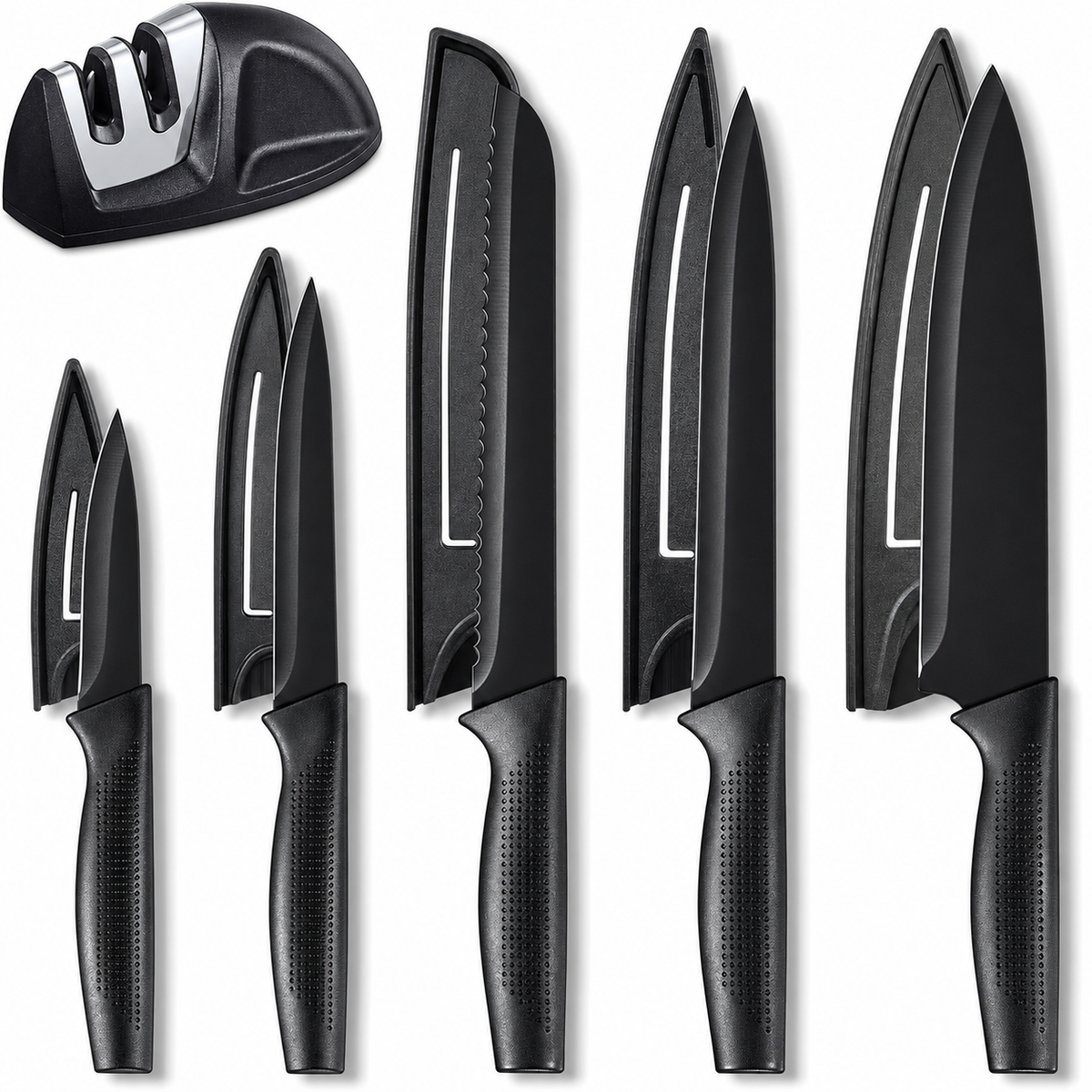 VEYUNA 5-Piece Food Knife Set, Anti-Rust Steel, Blade Guards & Sharpener