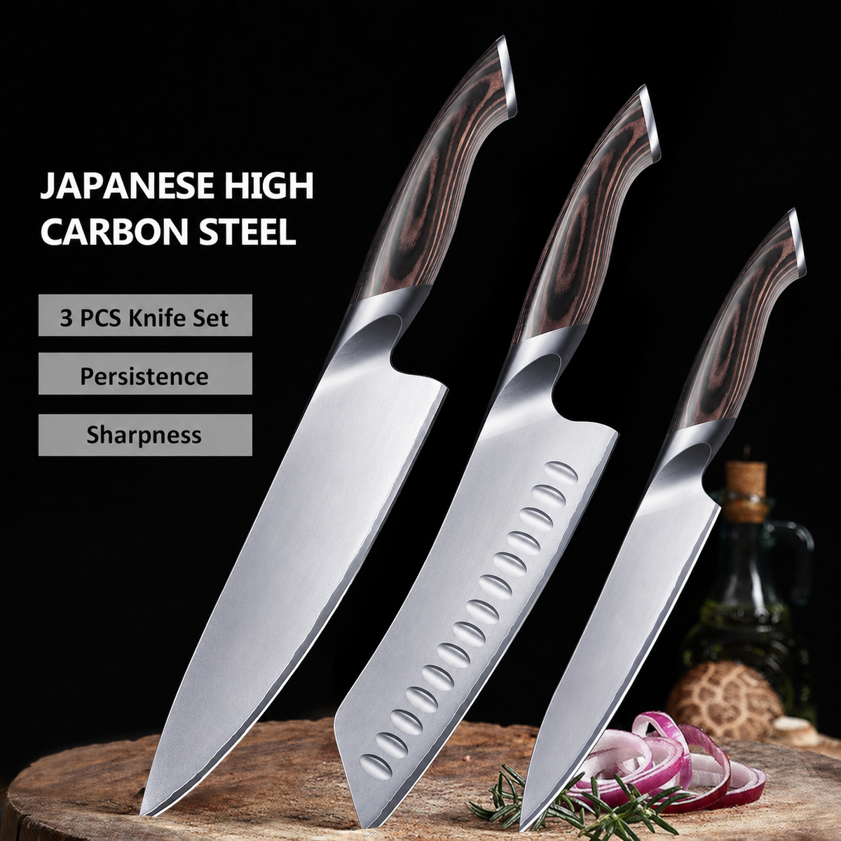 VEYUNA 3-Piece Food Knife Set, Japanese High Carbon Steel, Pakkawood Handles