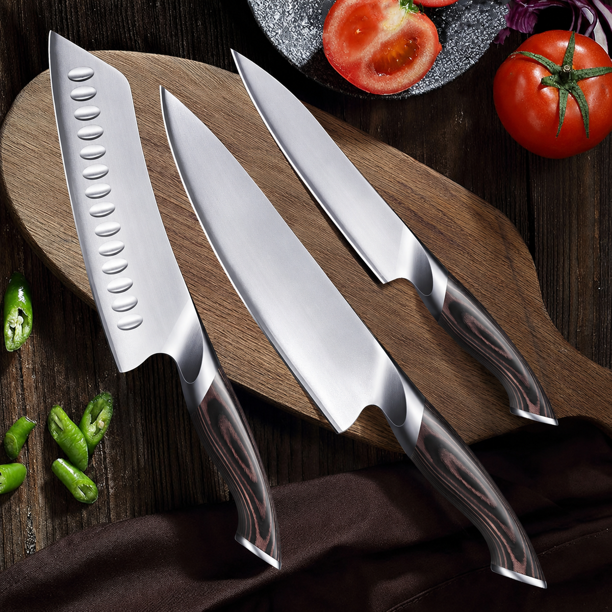 VEYUNA 3-Piece Food Knife Set, Japanese High Carbon Steel, Pakkawood Handles
