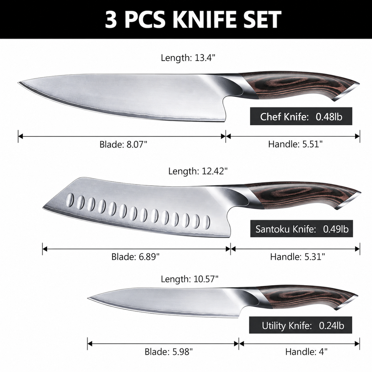 VEYUNA 3-Piece Food Knife Set, Japanese High Carbon Steel, Pakkawood Handles