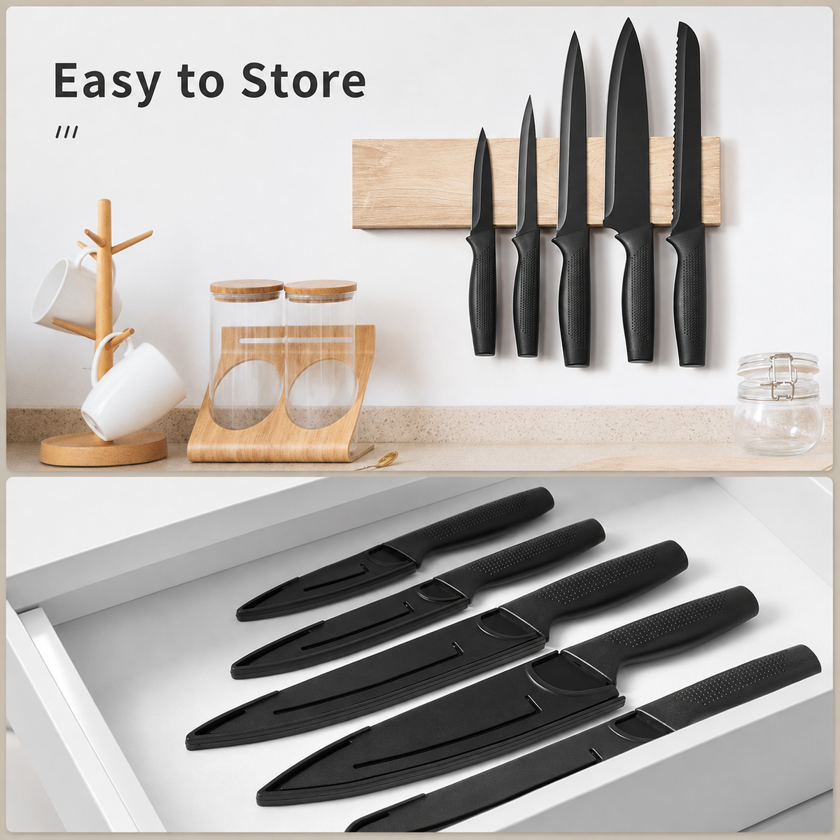 VEYUNA 5-Piece Food Knife Set, Anti-Rust Steel, Blade Guards & Sharpener