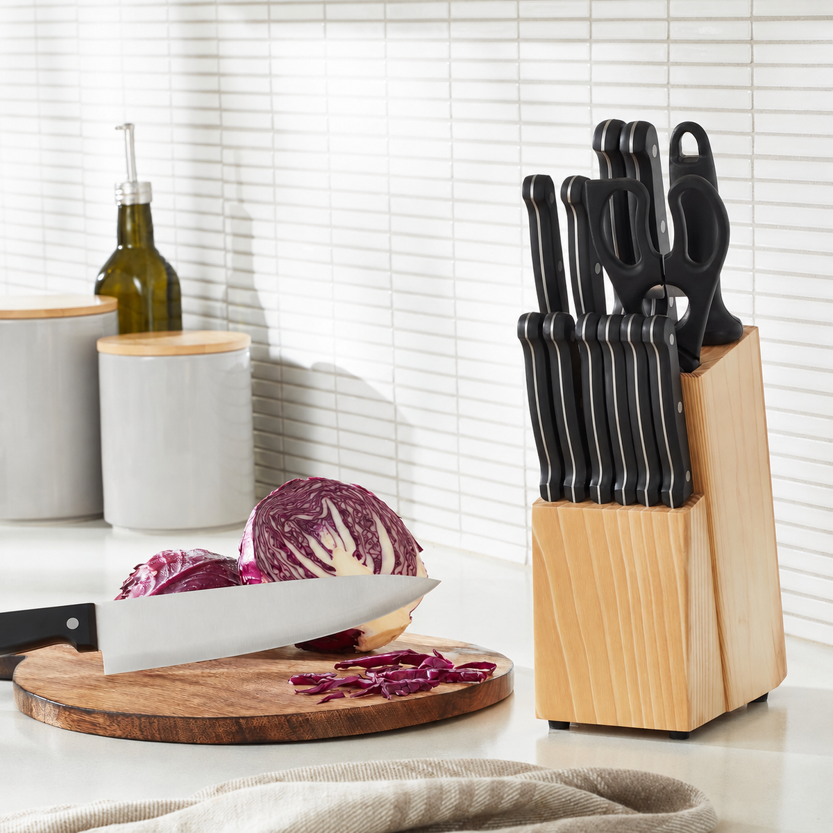 VEYUNA 14-Piece Food Knife Set, Stainless Steel Blades with Storage Block