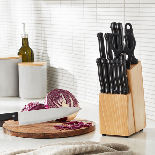 VEYUNA 14-Piece Food Knife Set, Stainless Steel Blades with Storage Block