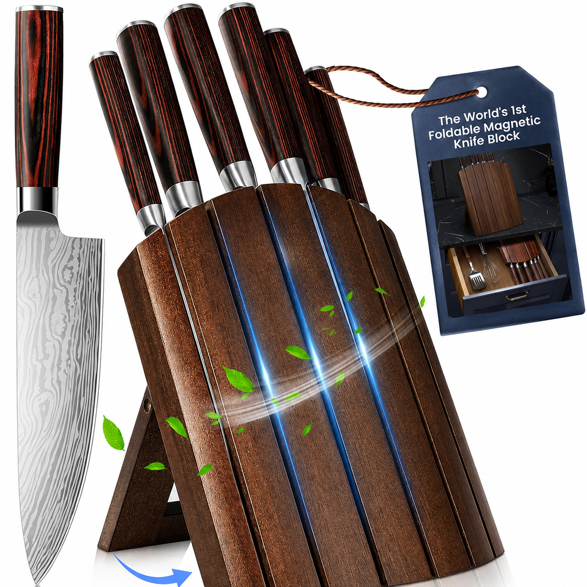 VEYUNA Knife Set 7-Piece – High-Carbon Steel with Foldable Magnetic Block for Food Prep