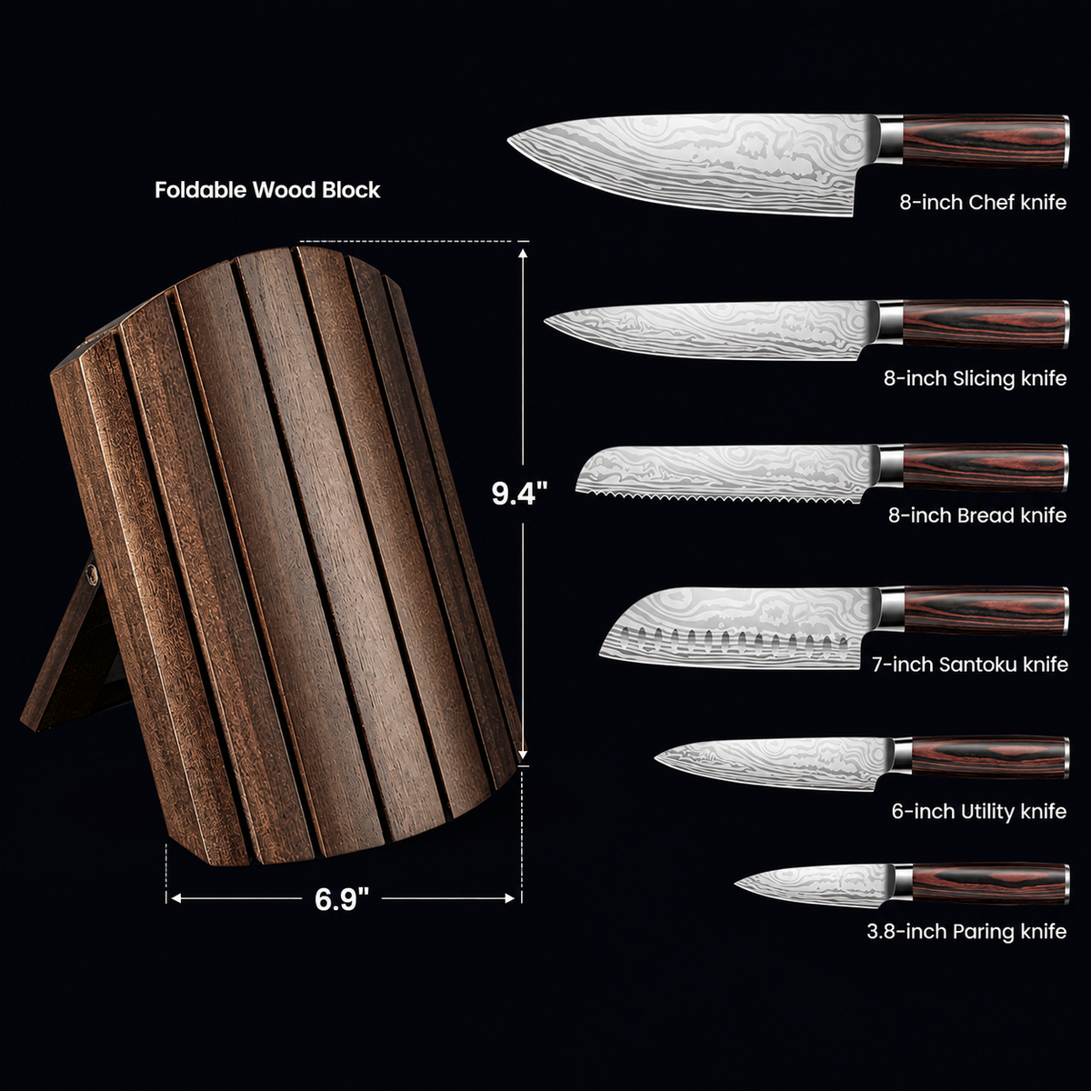 VEYUNA Knife Set 7-Piece – High-Carbon Steel with Foldable Magnetic Block for Food Prep