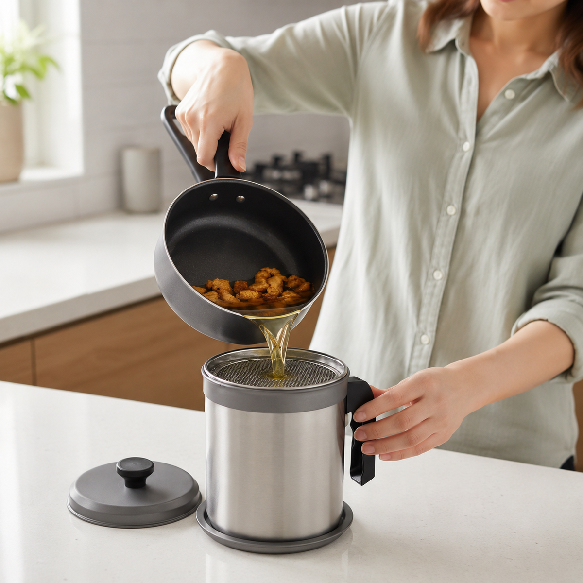 VEYUNA Stainless Steel Oil Filter Pot with Strainer Lid Handle for Cooking Oil Storage