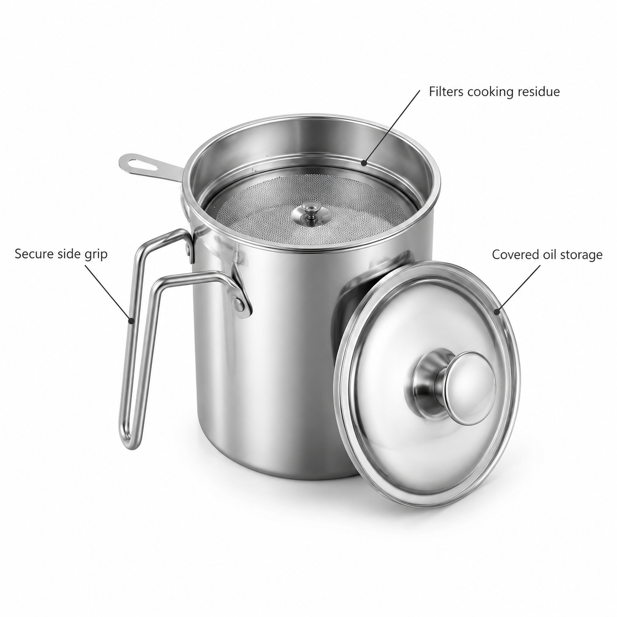 VEYUNA Stainless Steel Oil Filter Pot 304 Steel Strainer with Lid Handle and Wide Opening