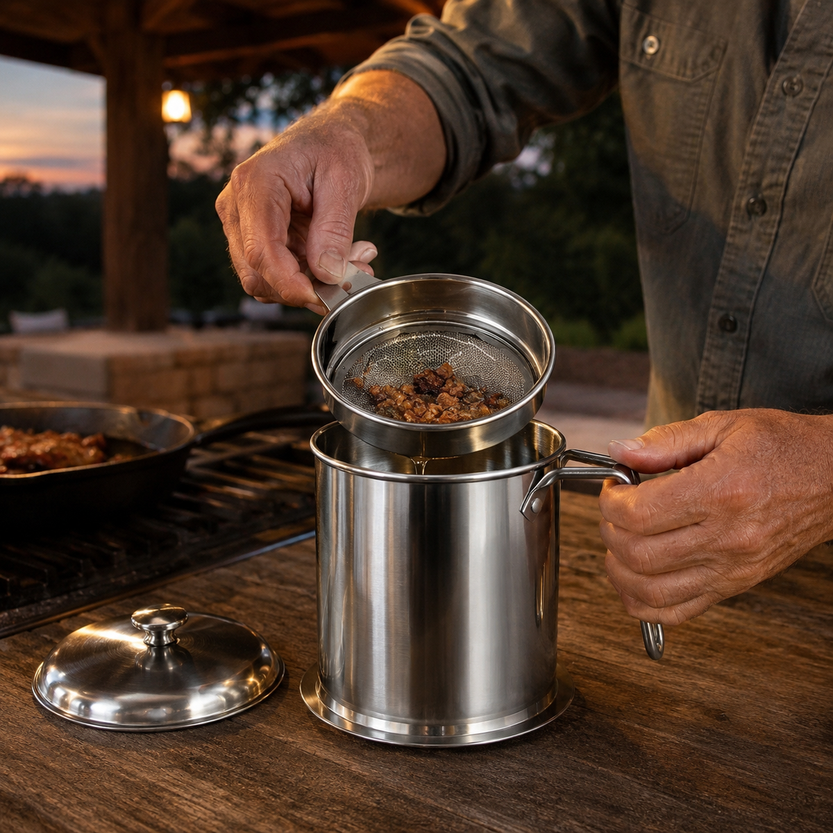 VEYUNA Stainless Steel Oil Filter Pot 304 Steel Strainer with Lid Handle and Wide Opening