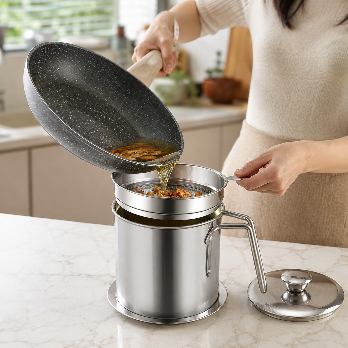 VEYUNA Stainless Steel Oil Filter Pot 304 Steel Strainer with Lid Handle and Wide Opening