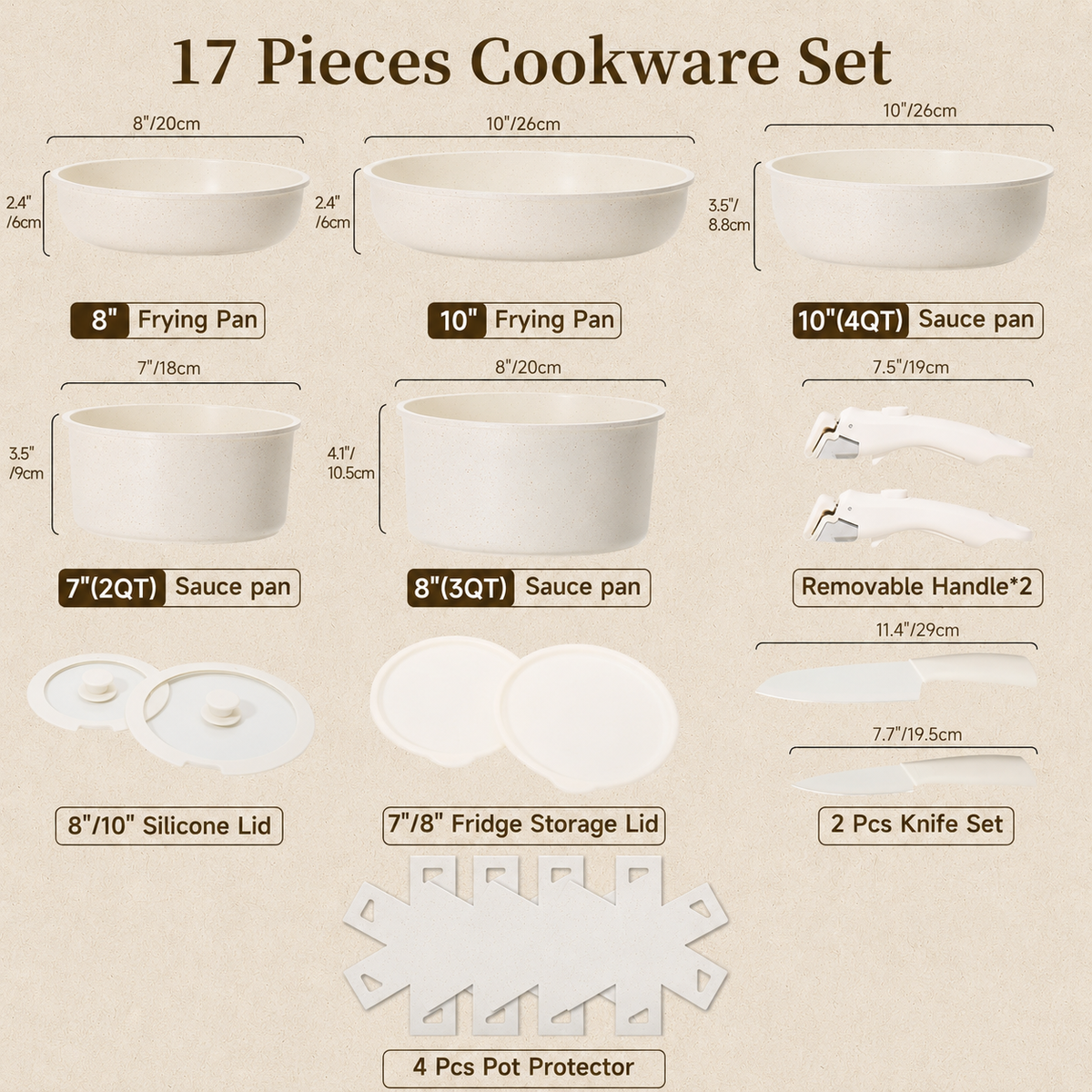 VEYUNA Cookware Set 17-Piece Nonstick, Detachable Handle, Food Meal Prep