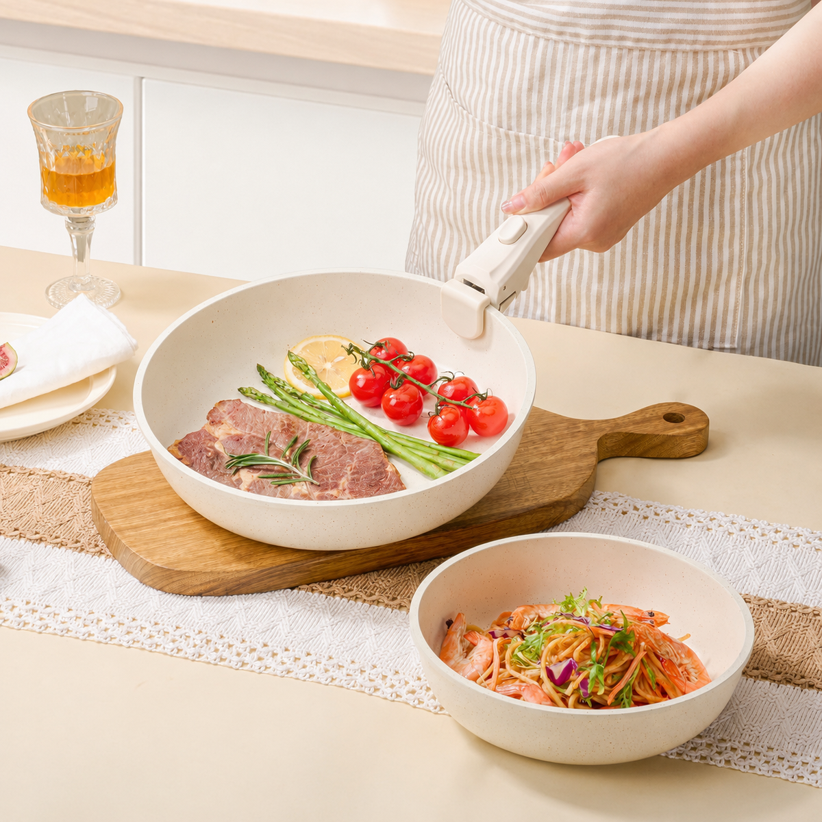 VEYUNA Cookware Set 17-Piece Nonstick, Detachable Handle, Food Meal Prep