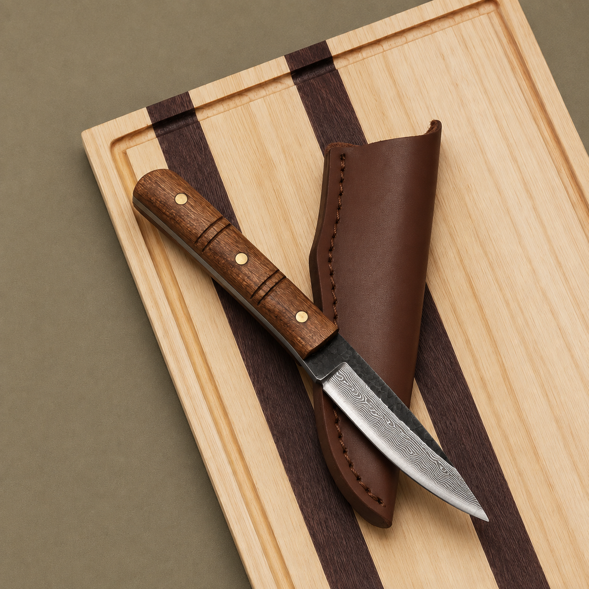 VEYUNA Bush Knife, 16cm Damascus Hammer Forged Blade for Meat & Food Prep