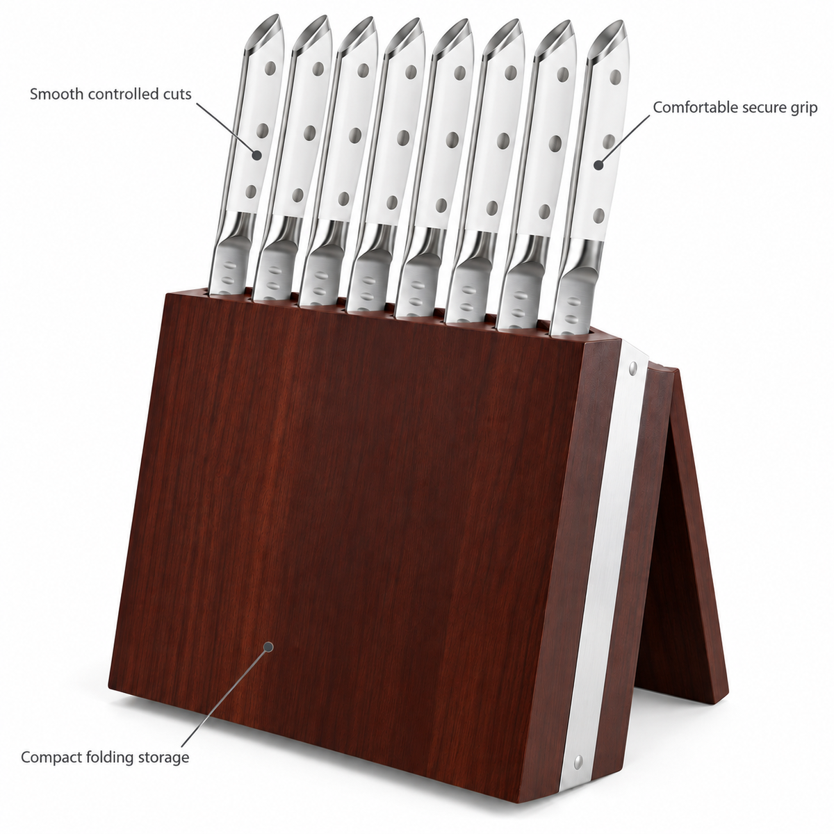 VEYUNA 8-Piece Steak Knife Set, White Handles, Storage Block, NSF Certified