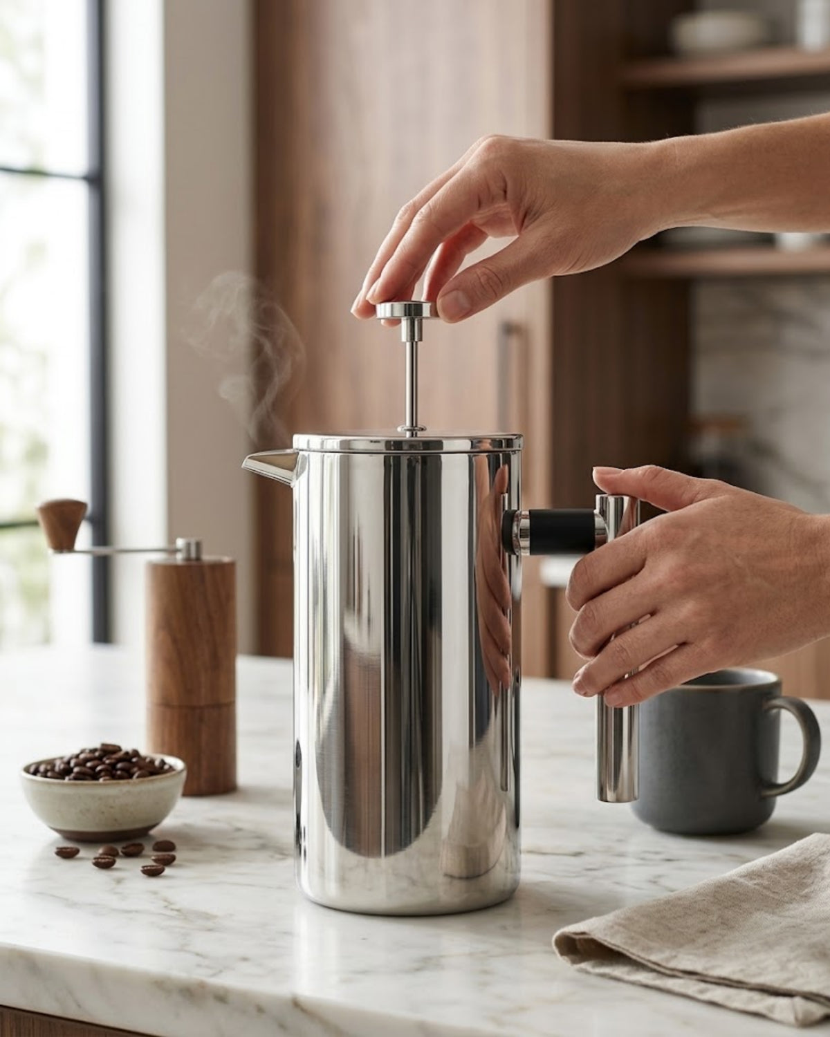 VEYUNA Meal French Press, Double Wall Stainless Steel Brewer with Scoop & Clip