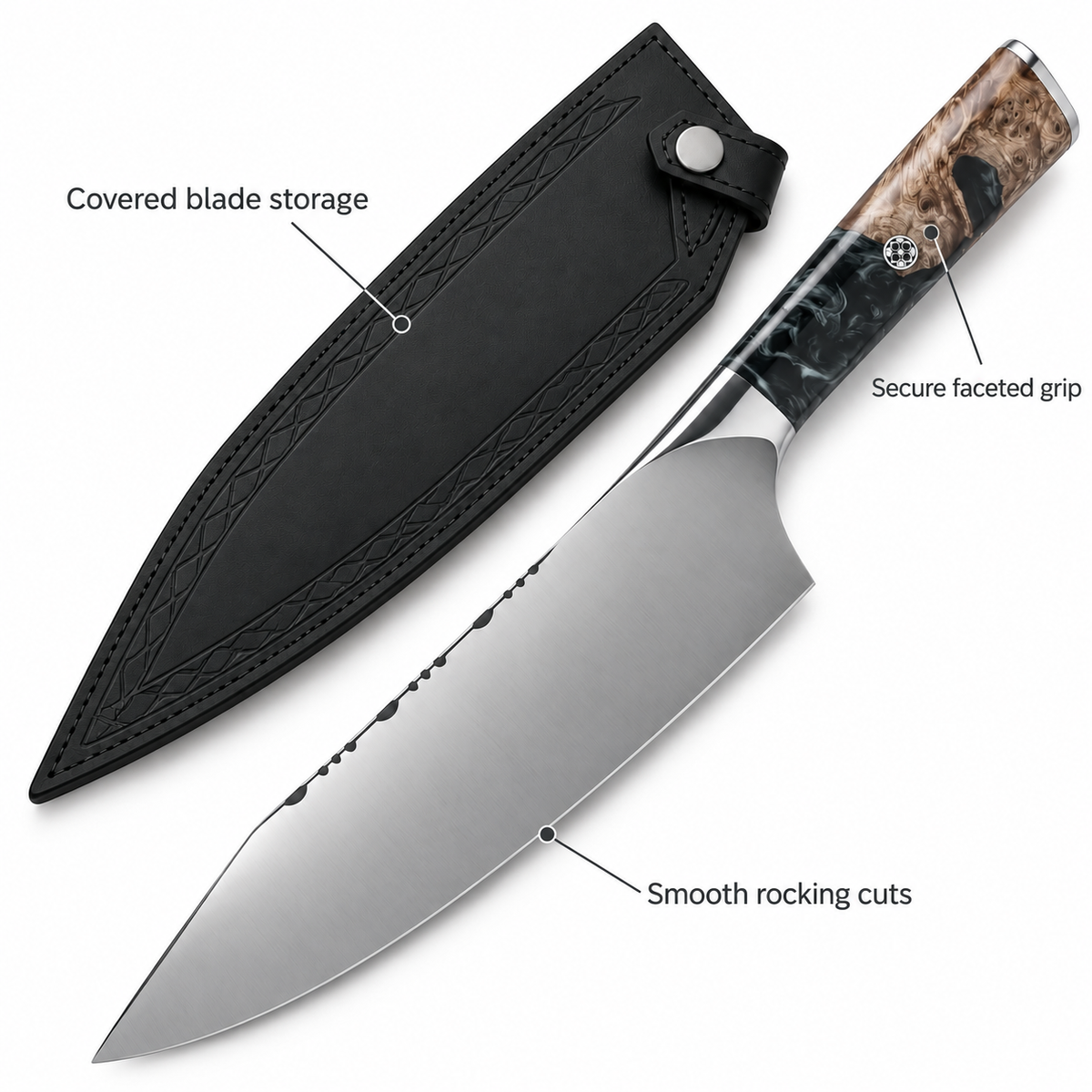 VEYUNA 8" Chef Knife, Ravenstone Edition, Valhalla Series, Leather Sheath Included