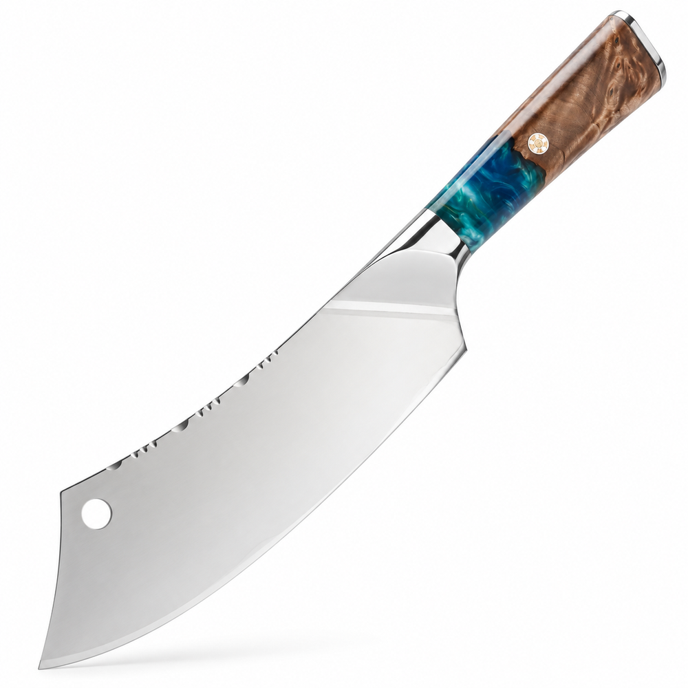 VEYUNA 8-Inch Chef Cleaver Knife Stainless Steel Blade with Green Resin Handle and Sheath
