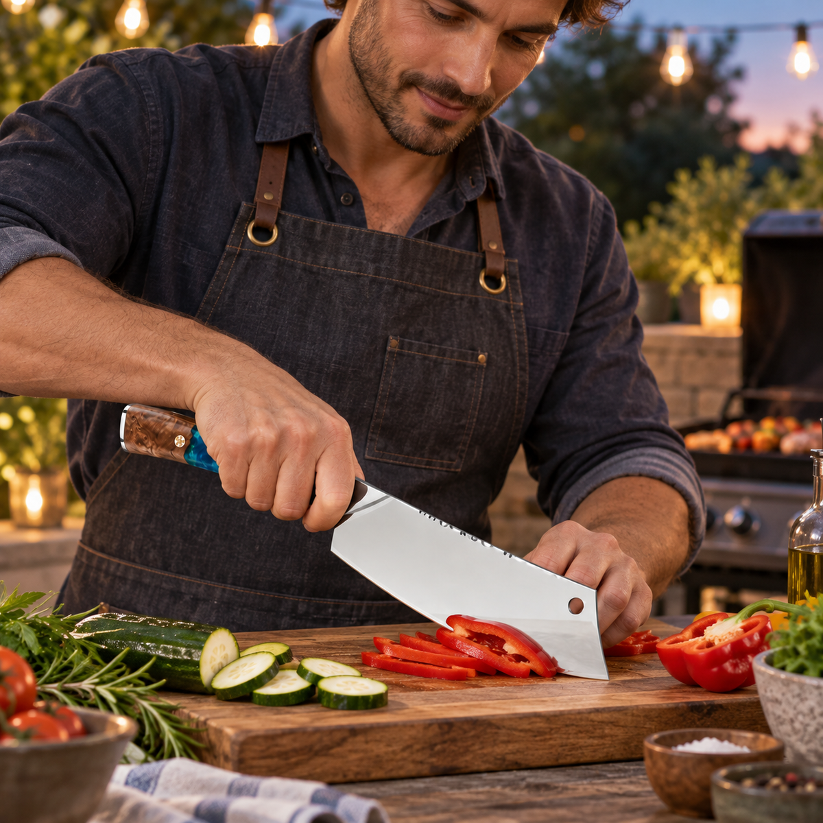 VEYUNA 8-Inch Chef Cleaver Knife Stainless Steel Blade with Green Resin Handle and Sheath