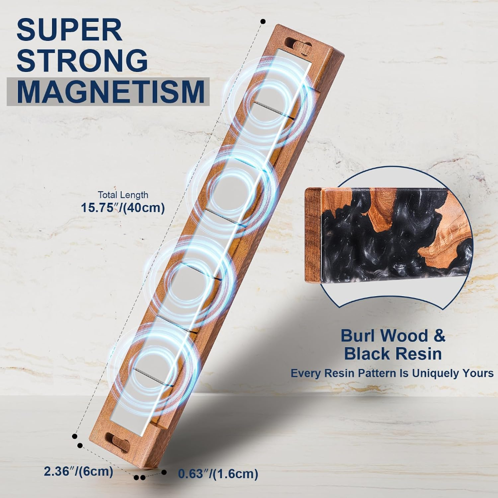 VEYUNA Magnetic Knife Holder – 16-Inch Acacia Burl Wood Bar for Food Prep Tools