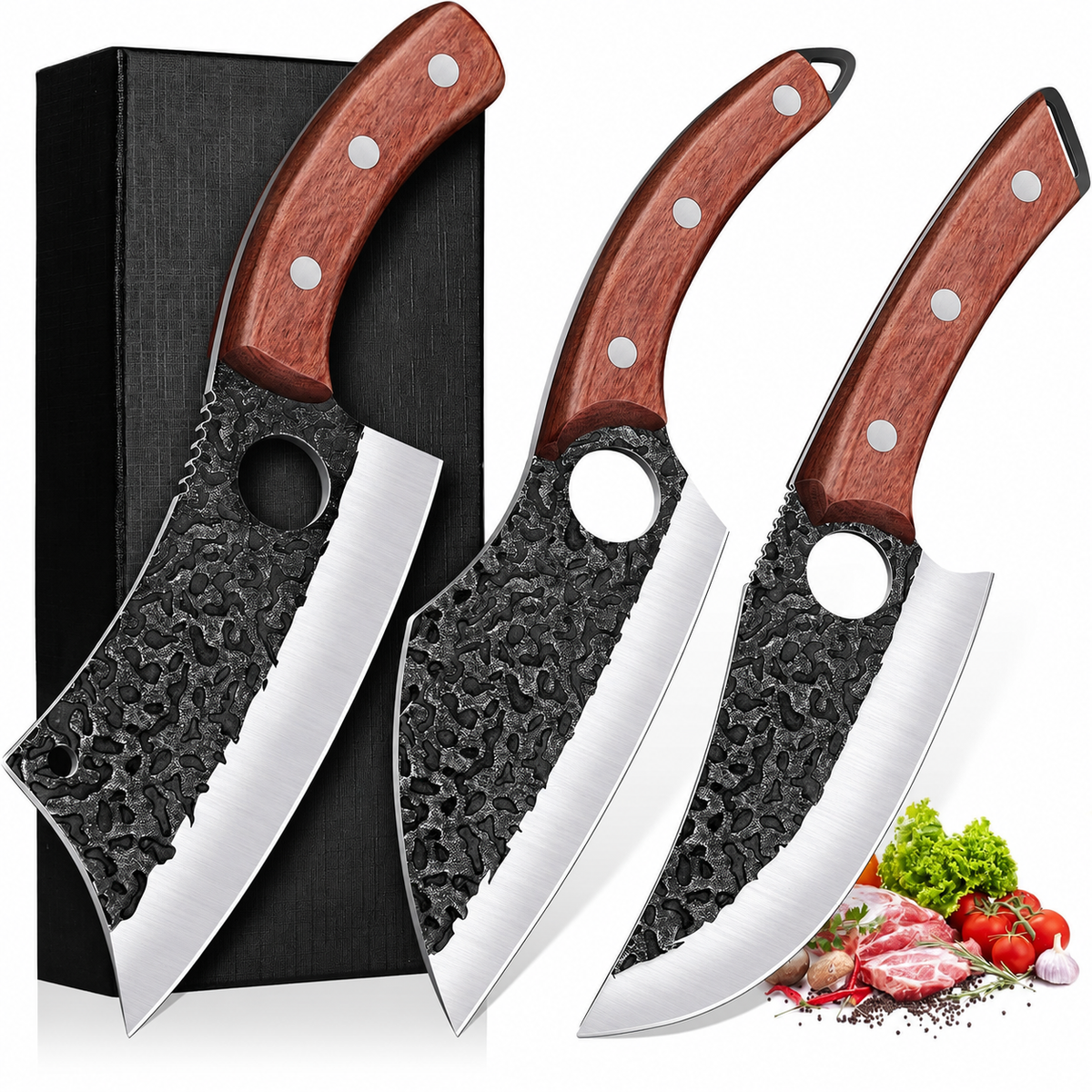 VEYUNA Butcher Knife Set 3-Piece – Hand-Forged Steel for Fresh Food Prep