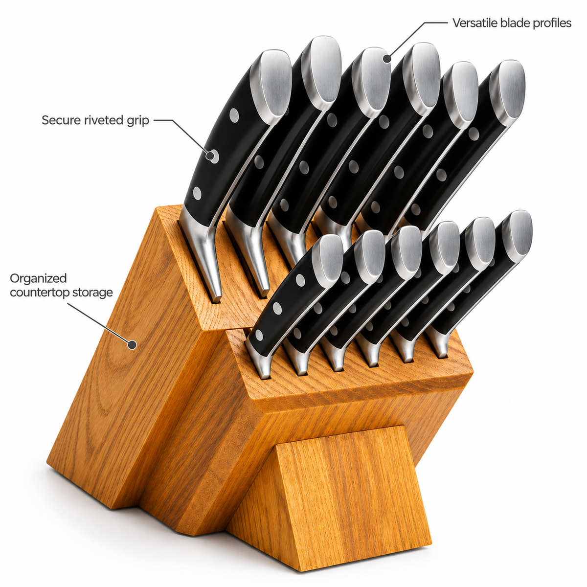 VEYUNA 12-Piece Knife Block Set, Full Tang Triple-Riveted Knives with Wood Block