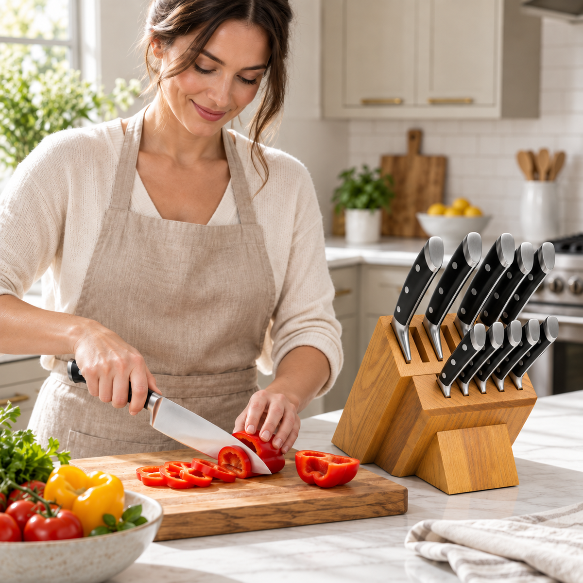 VEYUNA 12-Piece Knife Block Set, Full Tang Triple-Riveted Knives with Wood Block