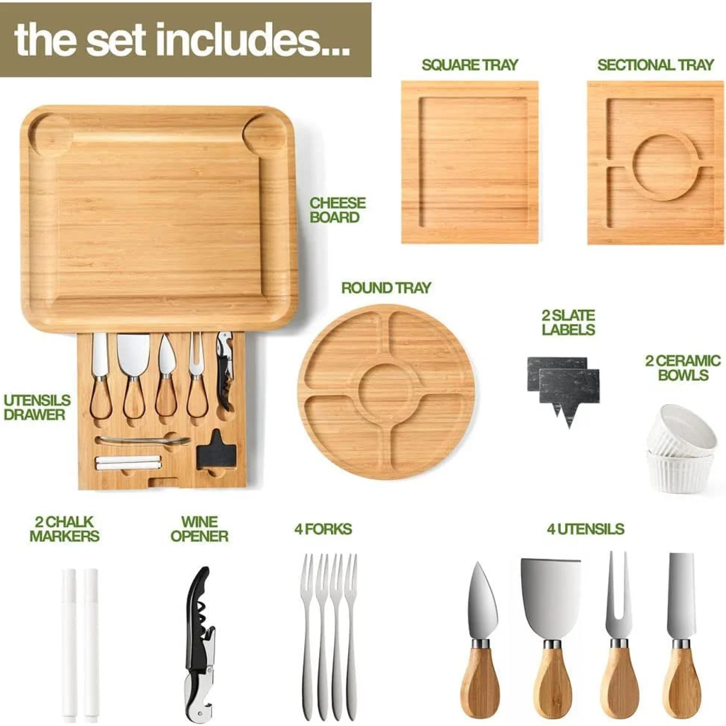 VEYUNA Bamboo Treat Board Set – Serving Tray with Bowls, Knives & Utensils