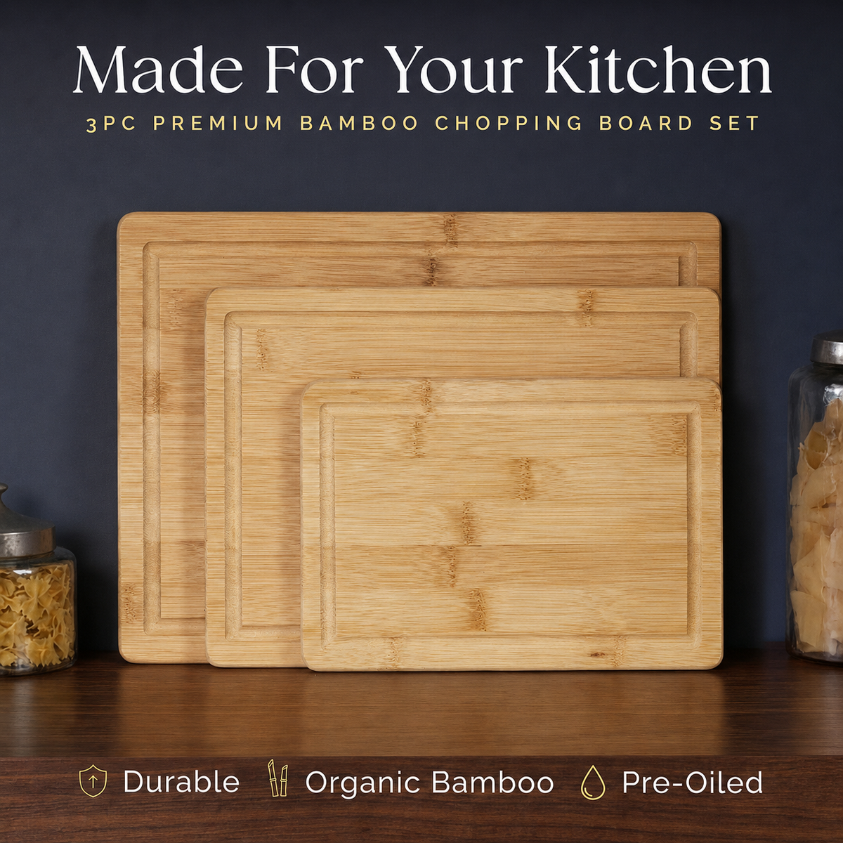 VEYUNA 3-Piece Bamboo Cutting Board Set, Grooved Food Prep Boards with Handles