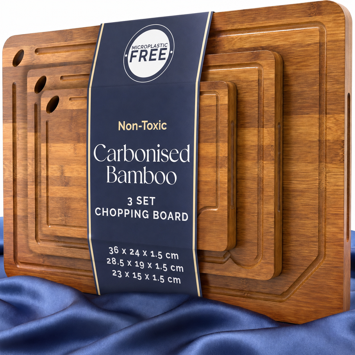 VEYUNA 3-Piece Carbonised Bamboo Cutting Board Set, Grooved Food Prep Boards