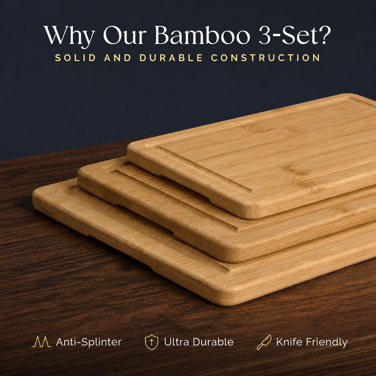 VEYUNA 3-Piece Bamboo Cutting Board Set, Grooved Food Prep Boards with Handles