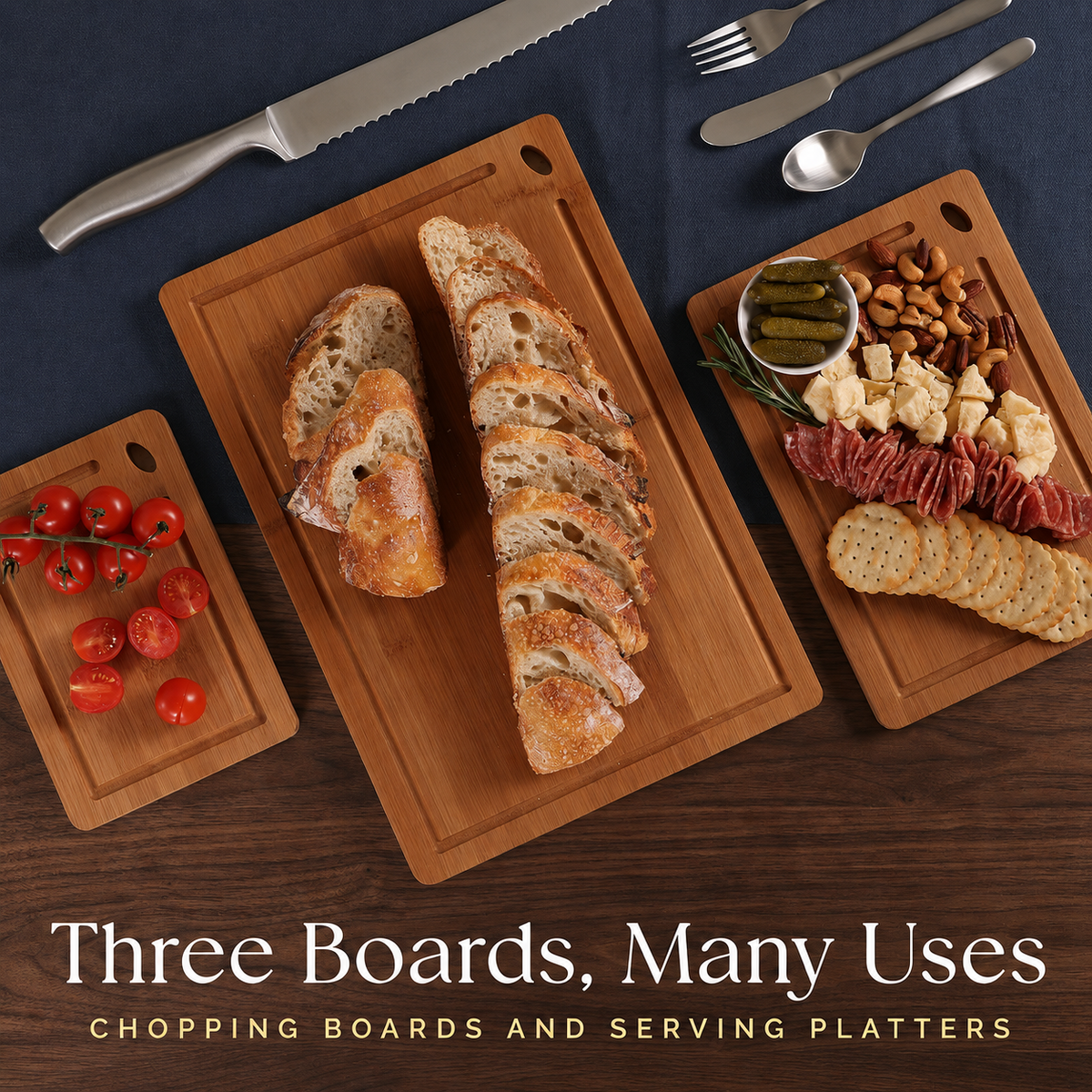 VEYUNA 3-Piece Carbonised Bamboo Cutting Board Set, Grooved Food Prep Boards