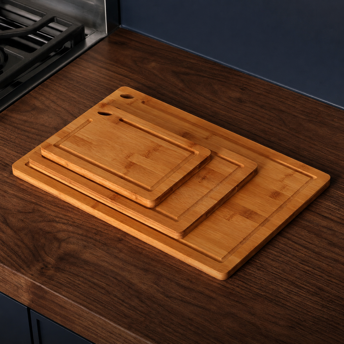 VEYUNA 3-Piece Carbonised Bamboo Cutting Board Set, Grooved Food Prep Boards