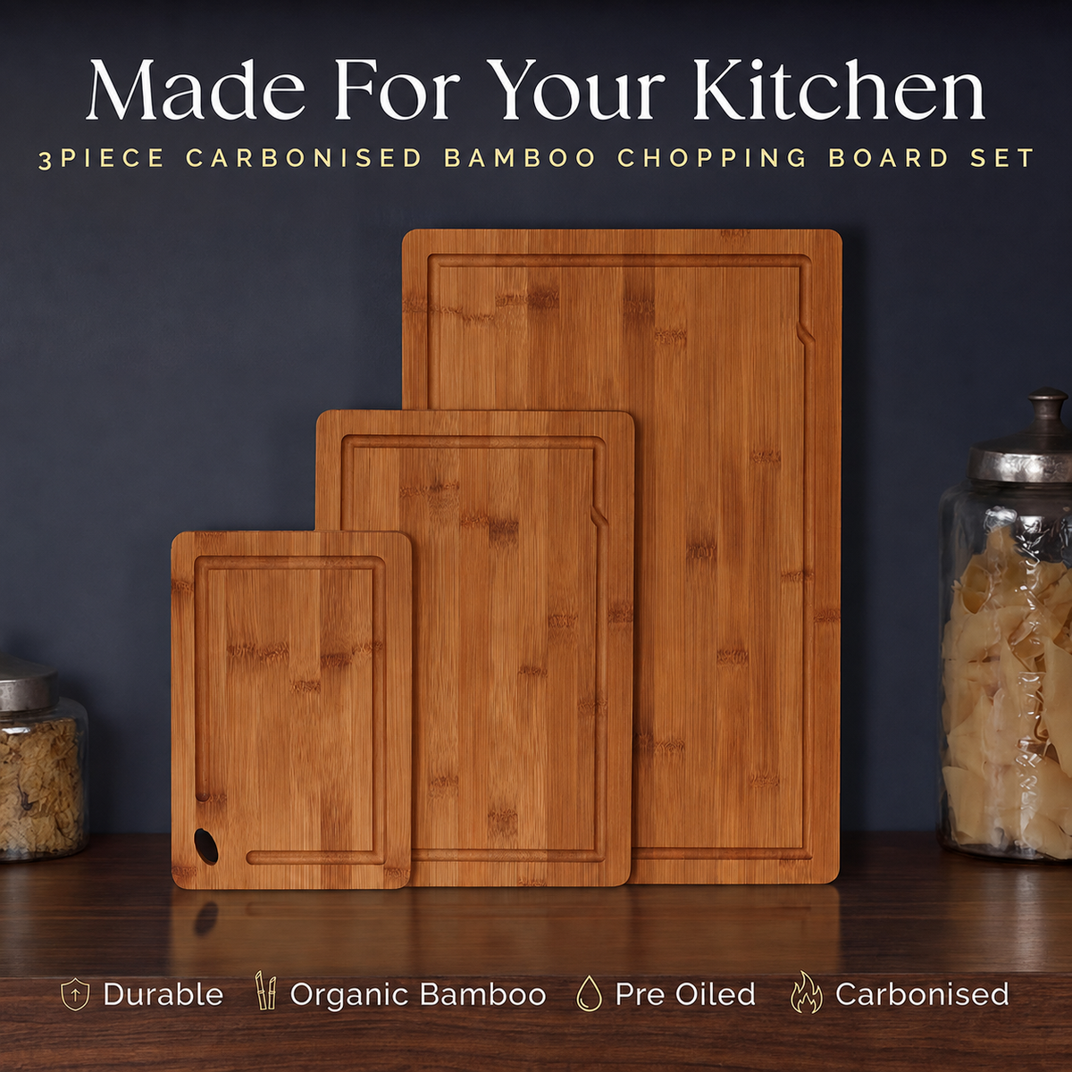 VEYUNA 3-Piece Carbonised Bamboo Cutting Board Set, Grooved Food Prep Boards