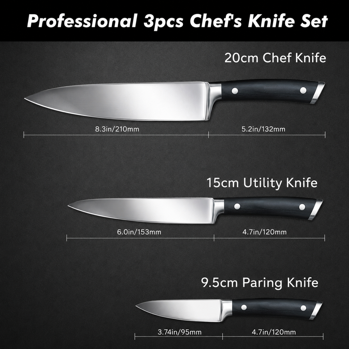VEYUNA 3-Piece Knife Set – German Stainless Steel Food Prep Knives