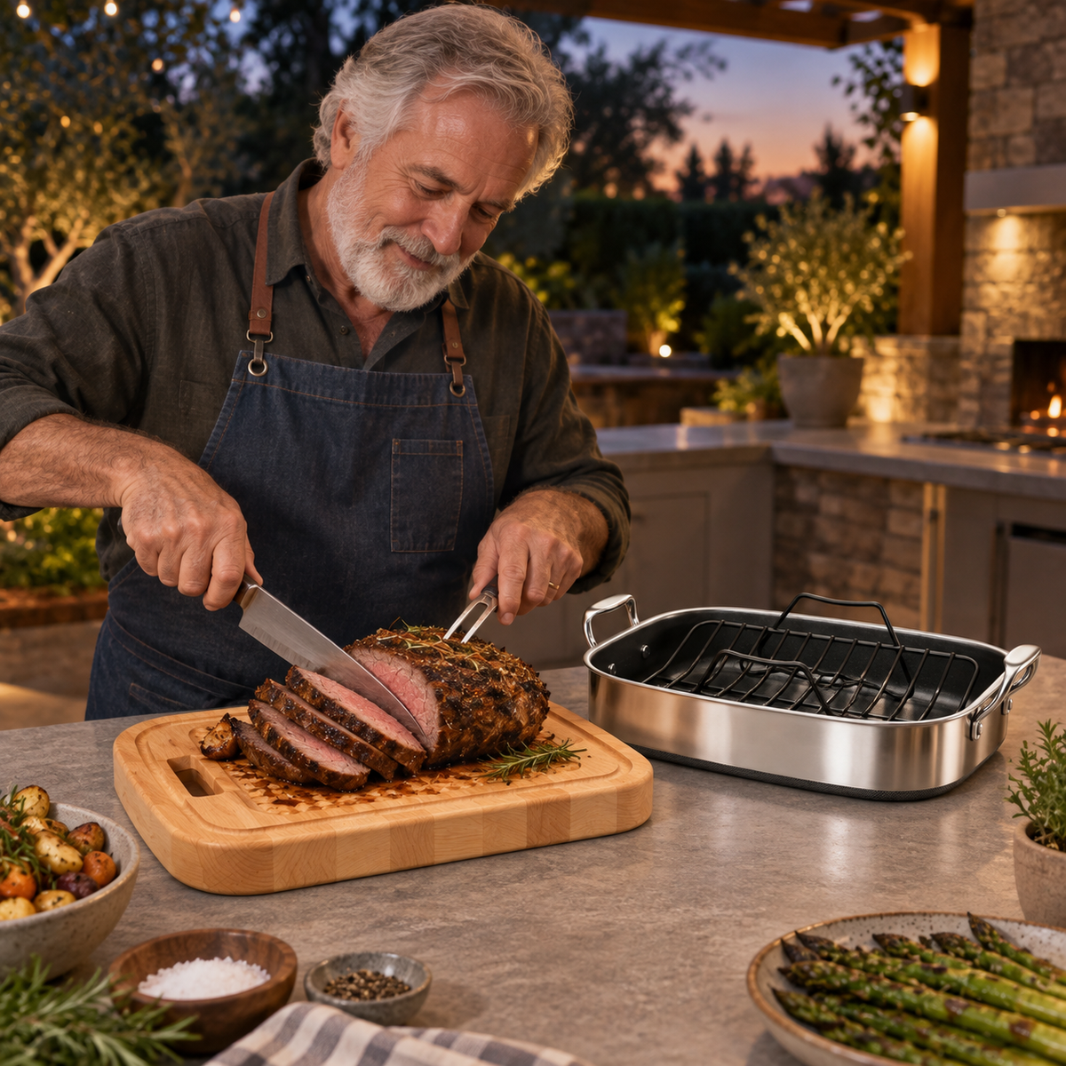 VEYUNA Hybrid Roasting Pan & Cutting Board Set with Rack, Carving Board and Handles