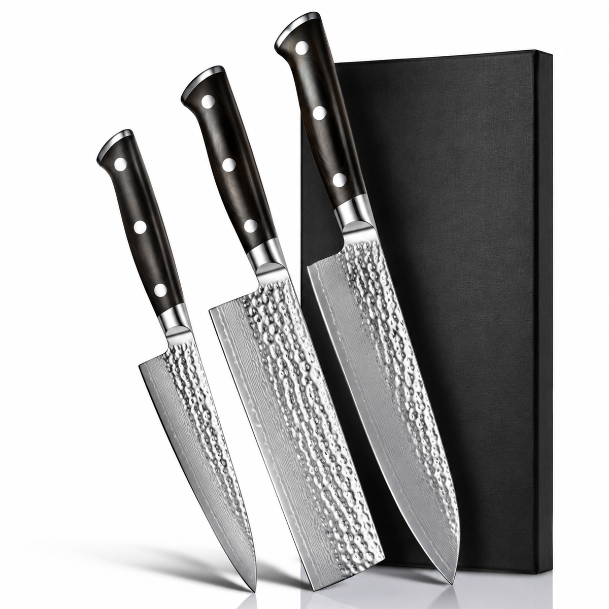 VEYUNA Knife Set 3-Piece – AUS-10 Damascus Steel, Ebony Handle for Food Prep