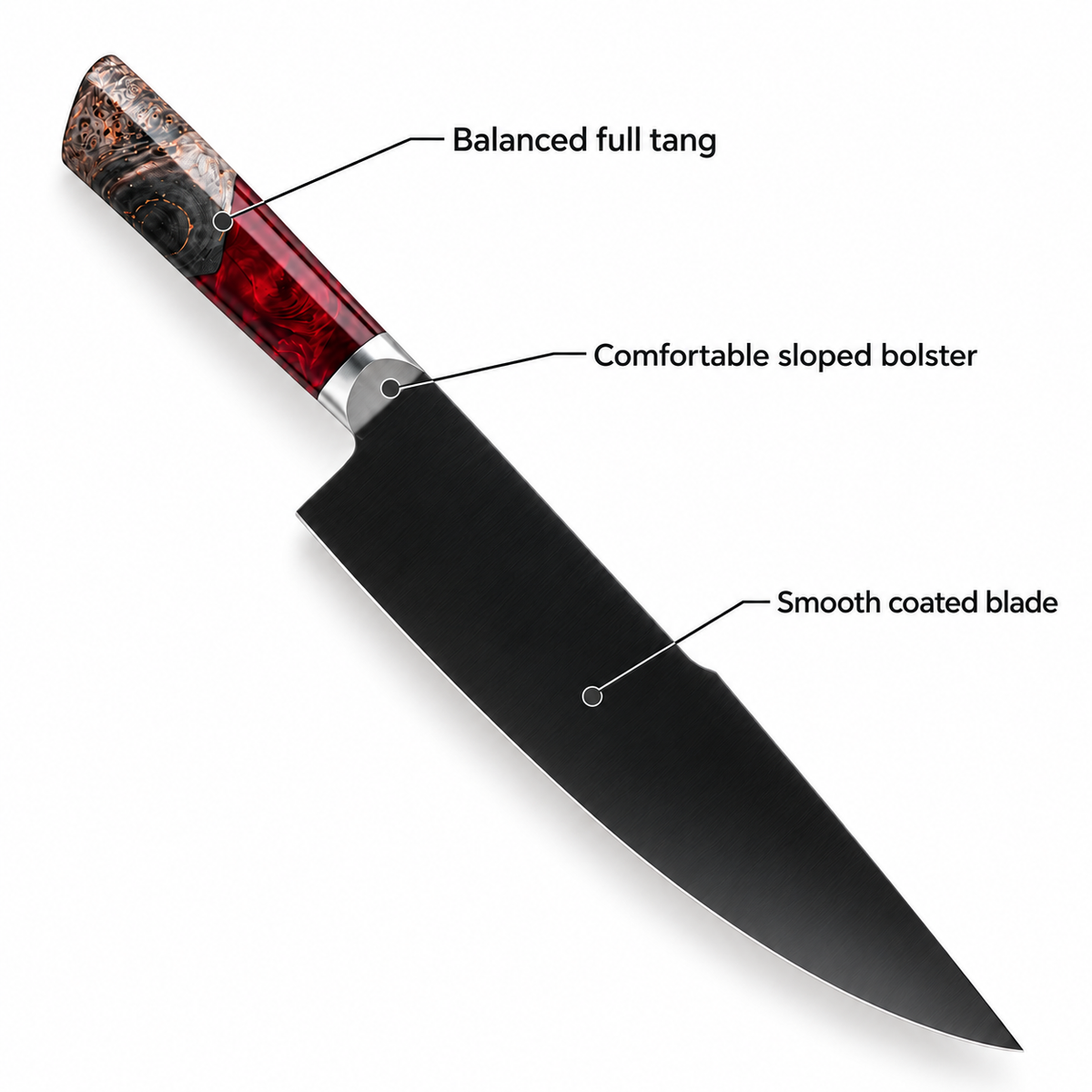 VEYUNA 9.5-Inch Chef Knife Carbon-Coated Blade Full Tang with D-Shaped Handle