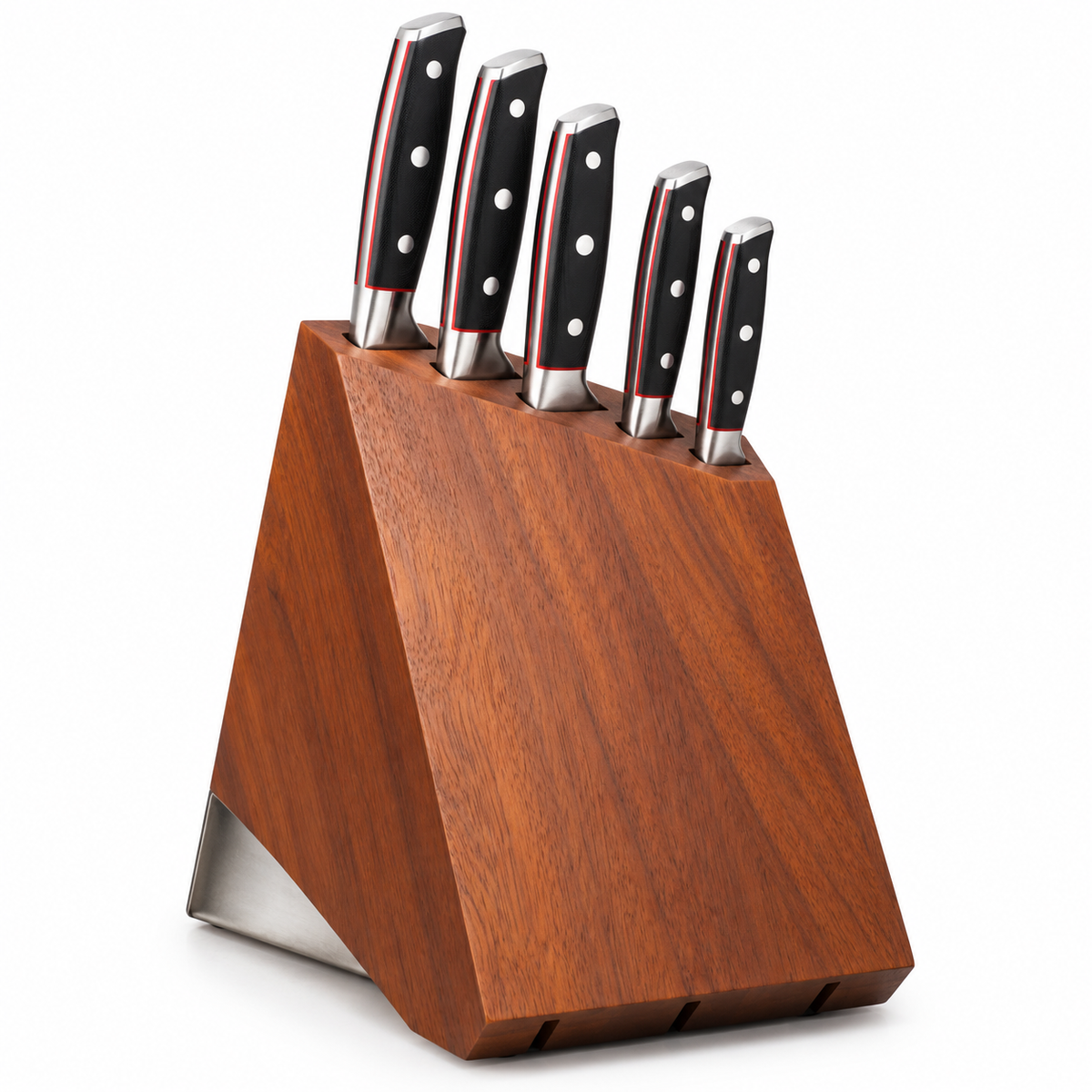 VEYUNA 5-Piece Knife Block Set, Hammered Blades, Black Handles, Wood Storage Block
