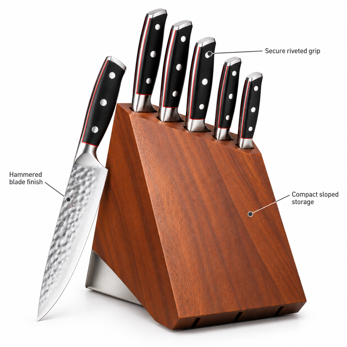VEYUNA 5-Piece Knife Block Set, Hammered Blades, Black Handles, Wood Storage Block