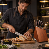 VEYUNA 5-Piece Knife Block Set, Hammered Blades, Black Handles, Wood Storage Block