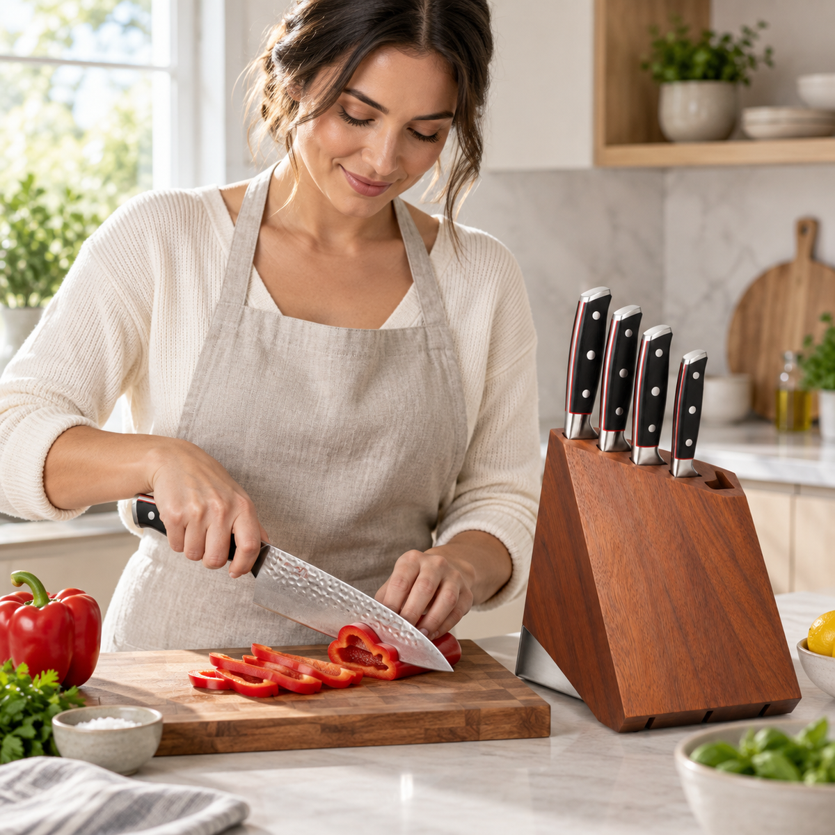 VEYUNA 5-Piece Knife Block Set, Hammered Blades, Black Handles, Wood Storage Block