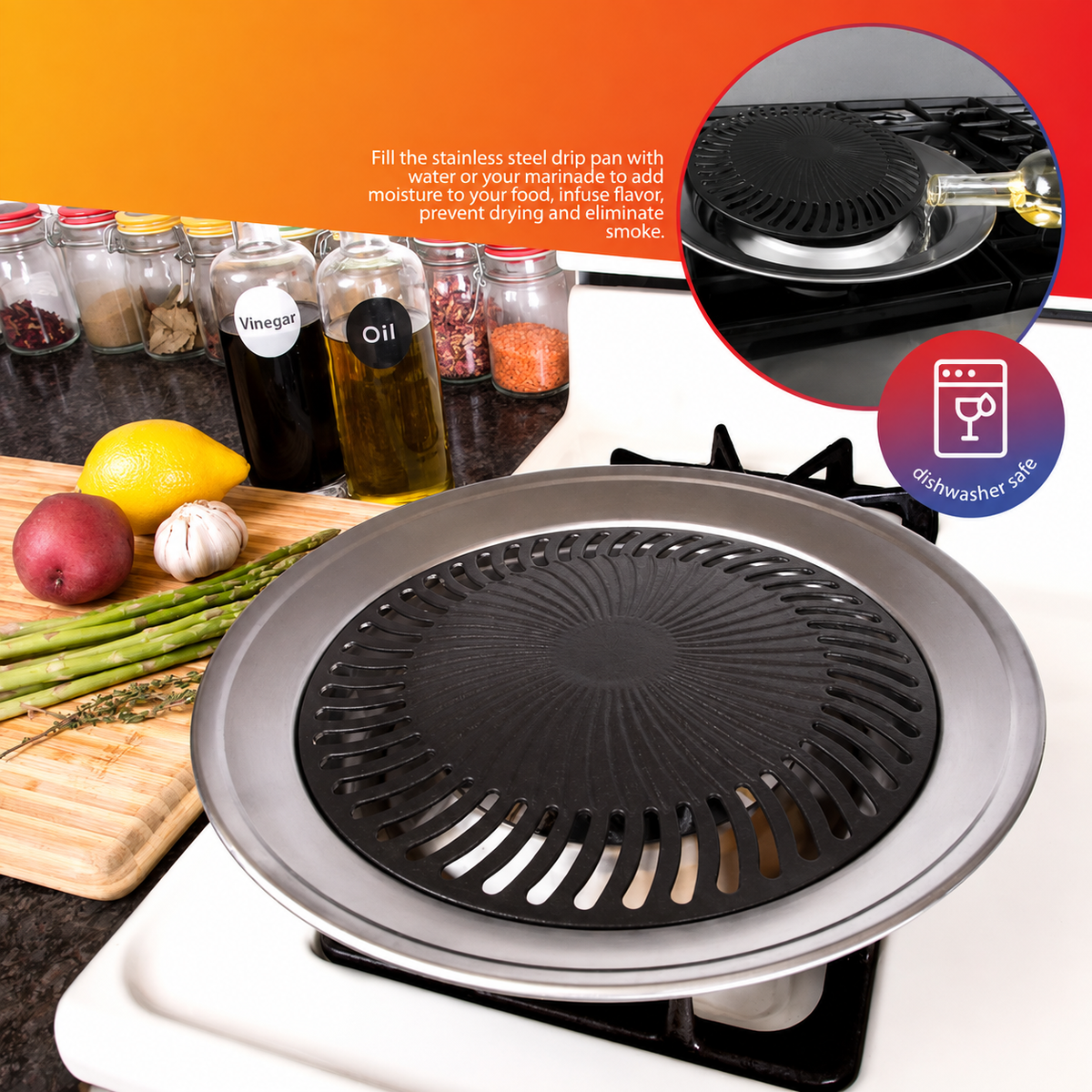 VEYUNA Stovetop Grill Pan, Smokeless Nonstick Plate for Healthy Food Prep