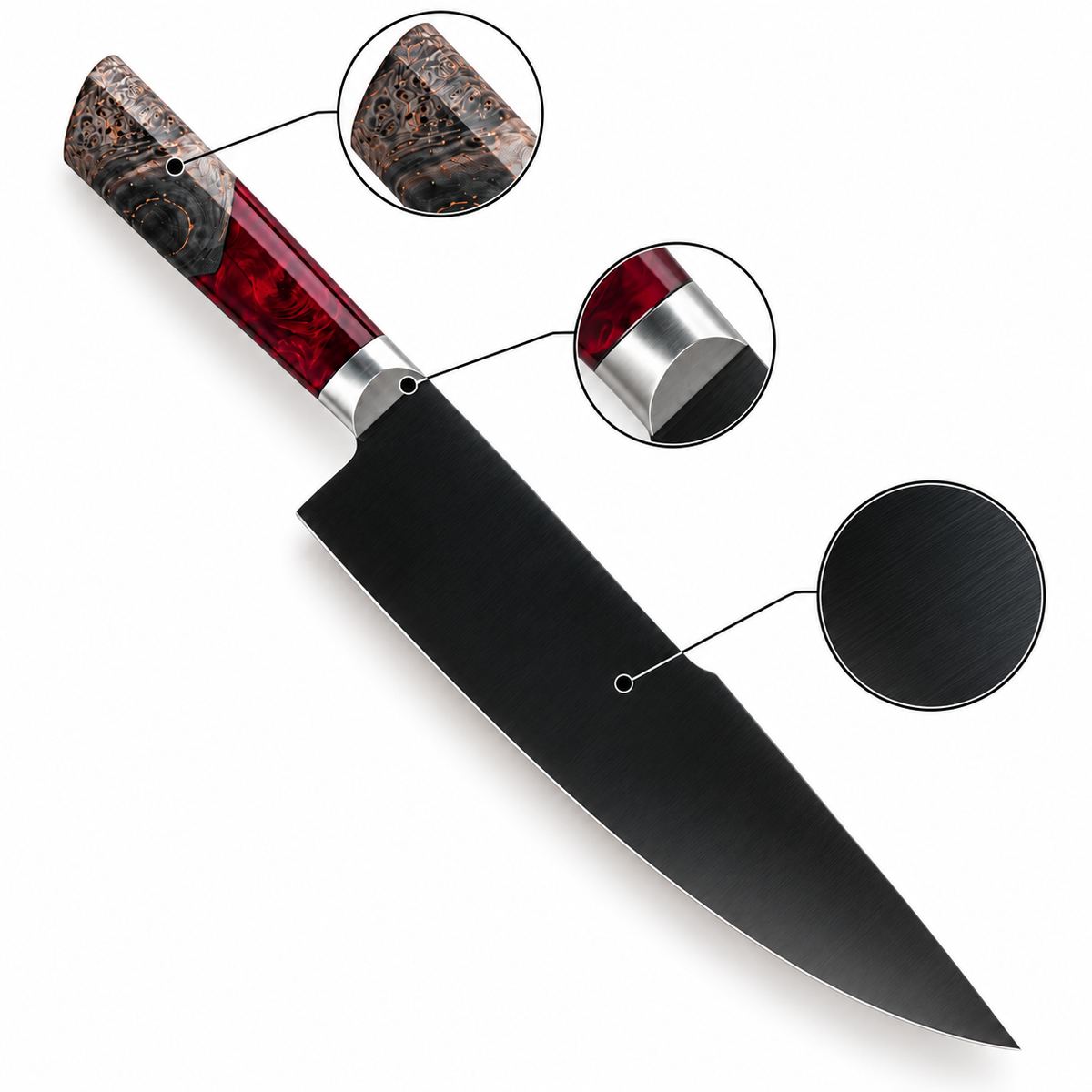 VEYUNA 9.5-Inch Chef Knife Carbon-Coated Blade Full Tang with D-Shaped Handle