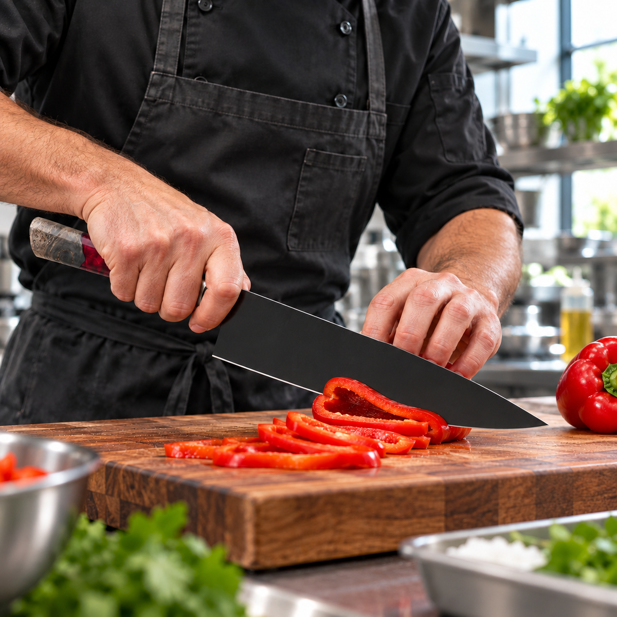 VEYUNA 9.5-Inch Chef Knife Carbon-Coated Blade Full Tang with D-Shaped Handle