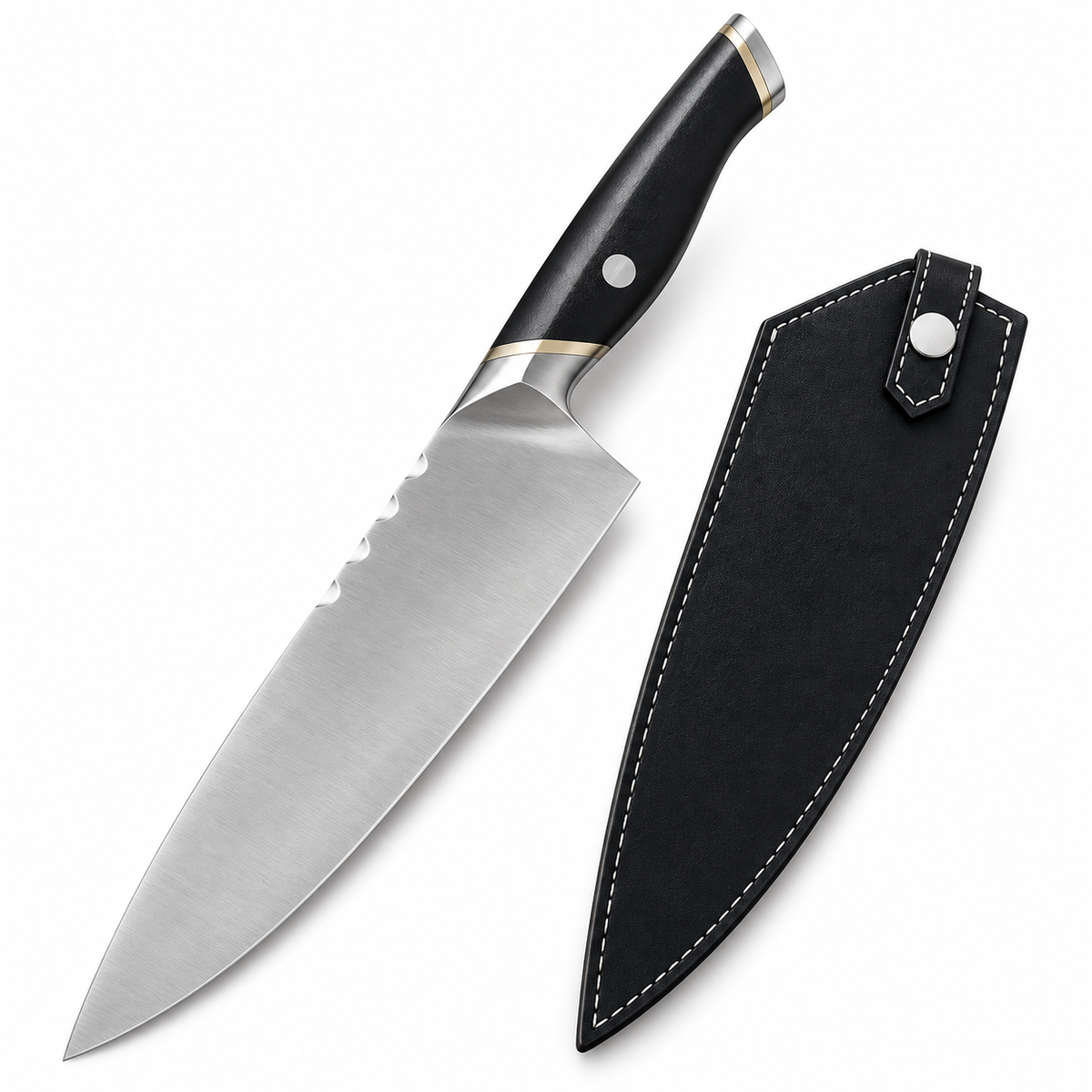 VEYUNA 8-Inch Chef Knife Stainless Steel Blade with Wolf Design Black Handle and Leather Sheath