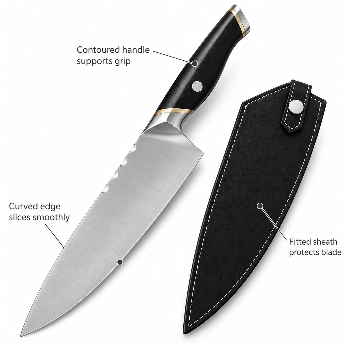 VEYUNA 8-Inch Chef Knife Stainless Steel Blade with Wolf Design Black Handle and Leather Sheath