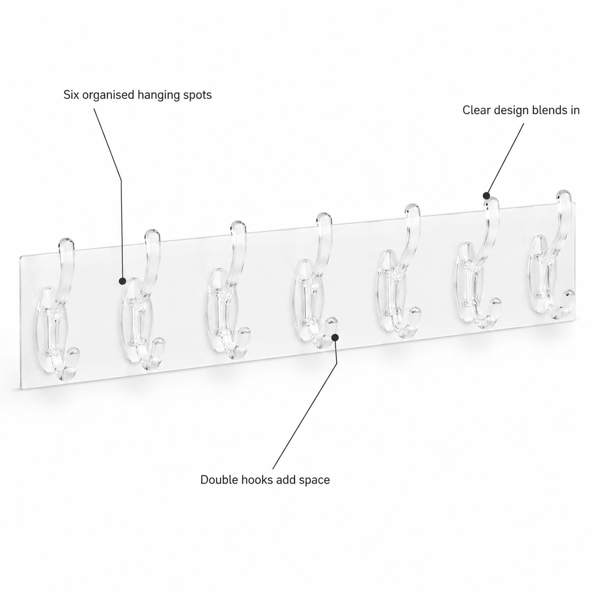 VEYUNA Transparent Wall-Mounted 6-Hook Rack Waterproof Adhesive Organizer for Kitchen and Bath