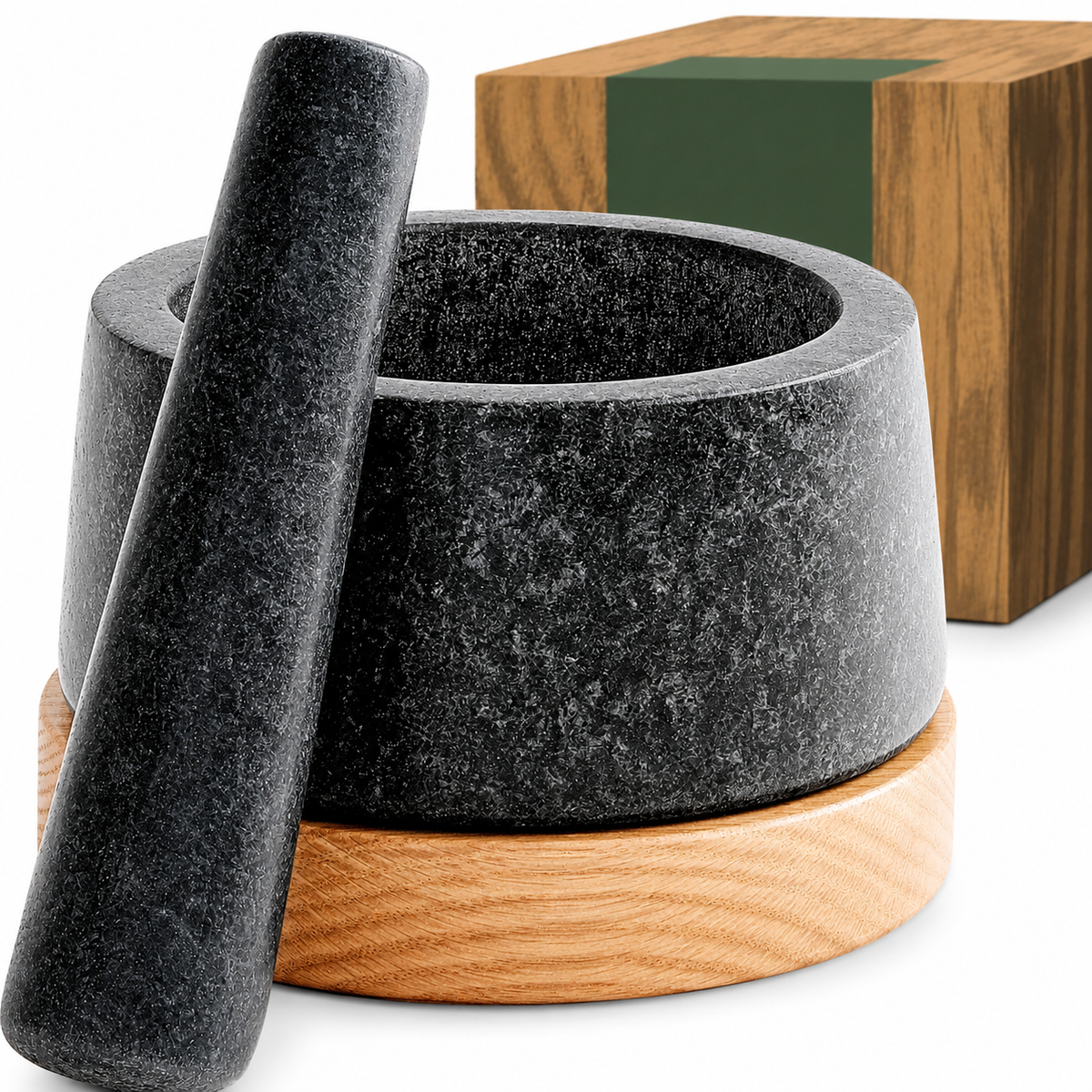 VEYUNA Granite Mortar & Pestle – Oak Base Grinder for Food & Treat Prep