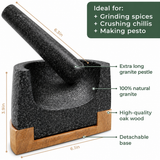 VEYUNA Granite Mortar & Pestle – Oak Base Grinder for Food & Treat Prep